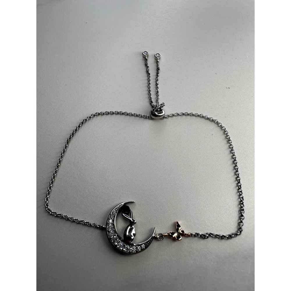 Silver Rabbit on Crescent Moon Bolo Bracelet Rose Gold Butterfly CZ
